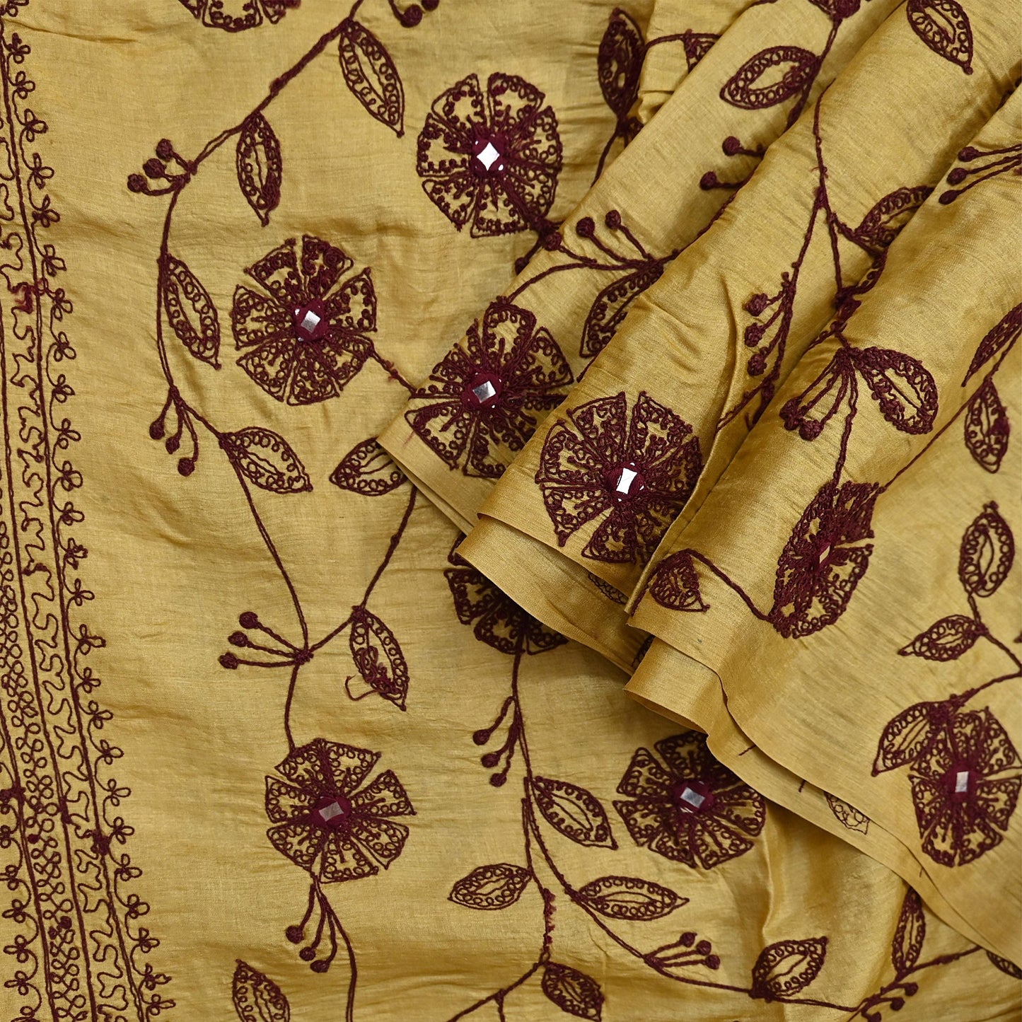 Indian Vintage Dupatta Beige Long Stole Pure silk Hand Embroidered Scarves Veil Scarf Wrap Floral Design