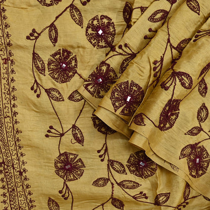 Indian Vintage Dupatta Beige Long Stole Pure silk Hand Embroidered Scarves Veil Scarf Wrap Floral Design