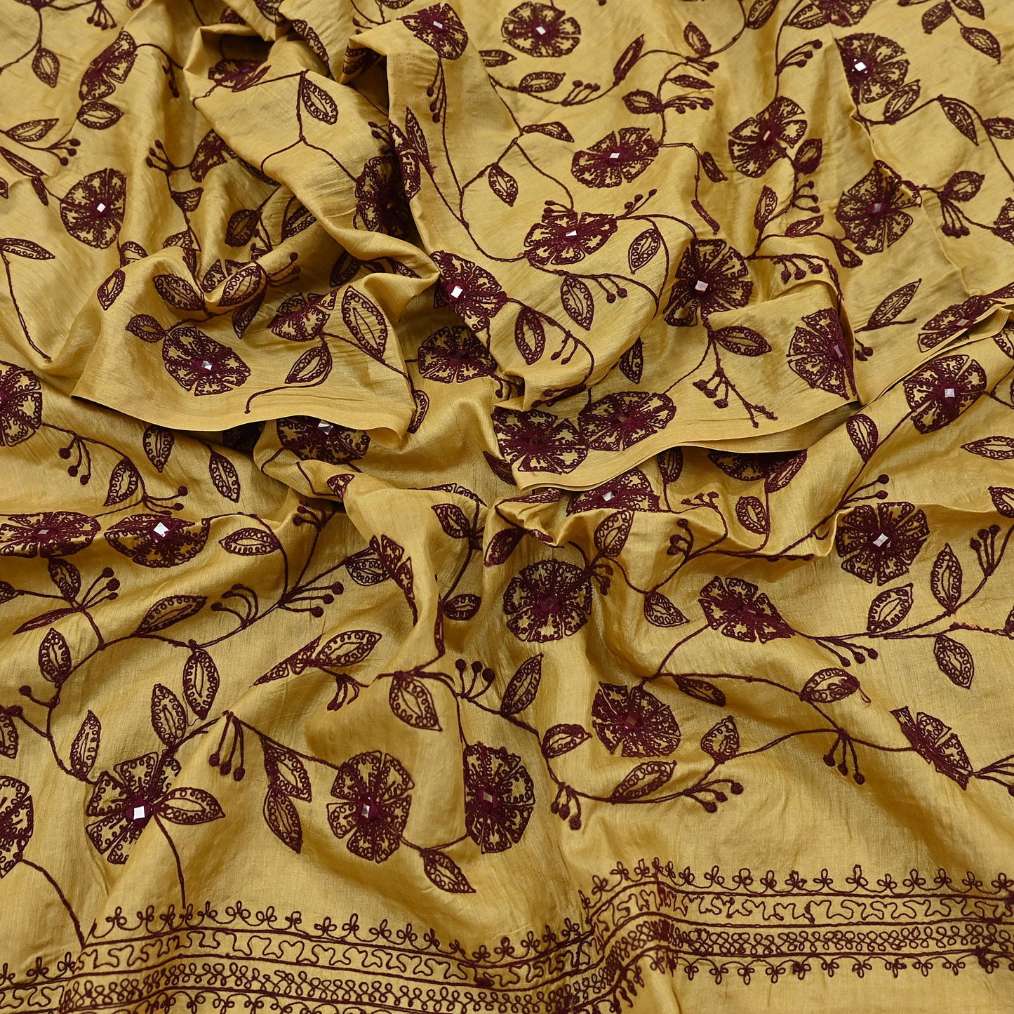 Indian Vintage Dupatta Beige Long Stole Pure silk Hand Embroidered Scarves Veil Scarf Wrap Floral Design