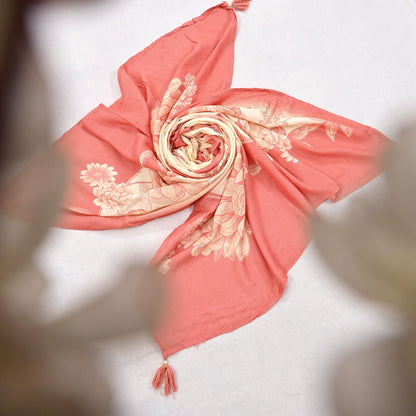 Indian Vintage Peach & Ivory Dupatta Long Stole Pure silk Printed Dupatta Veil Scarves soft Boho Wrap Dressmaking