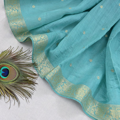 Indian Vintage Dupatta Green Long Stole Hand Woven Pure Silk Scarves Veil Zari Soft Fringes Scarf Wrap Boho
