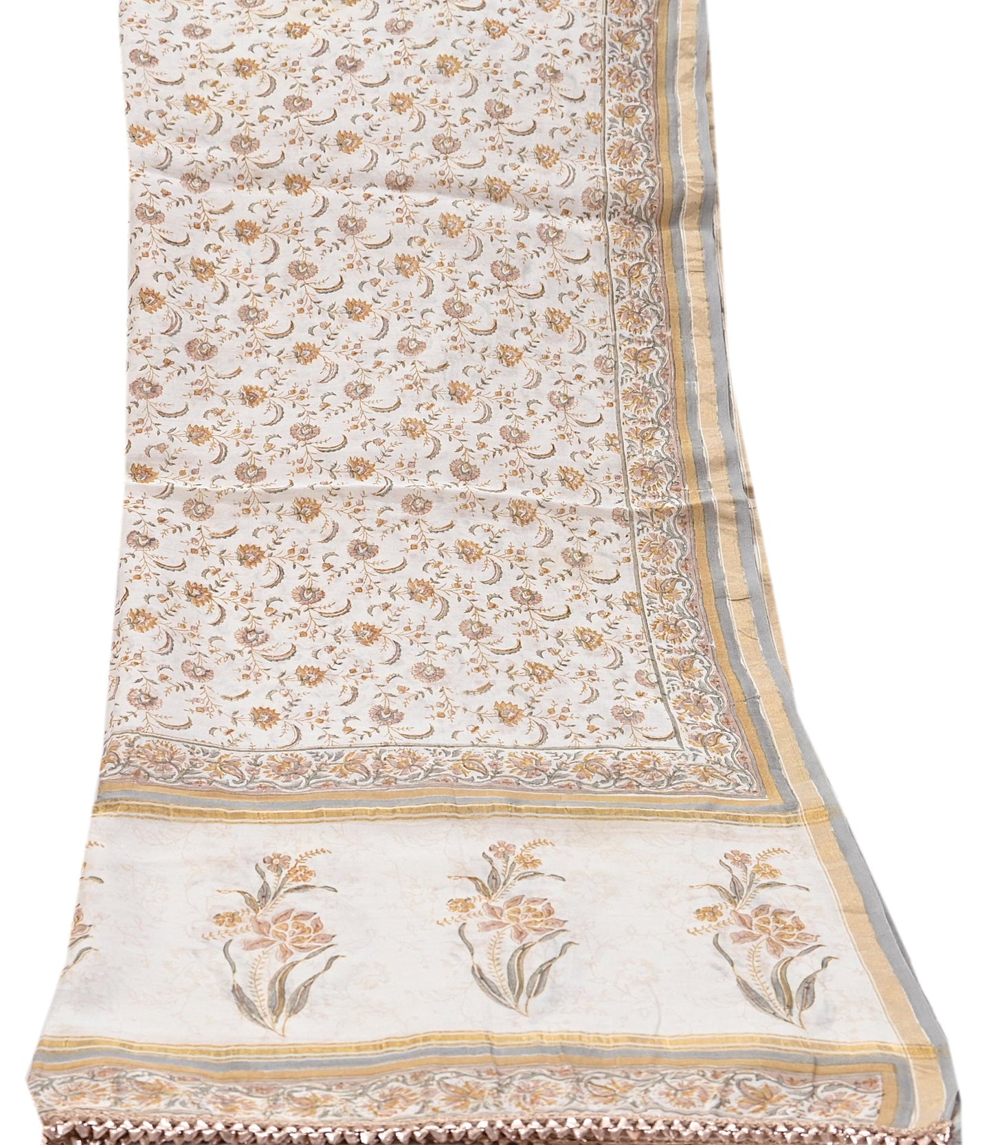 Indian Vintage Dupatta Ivory Long Stole Block Print Pure Chanderi Silk Scarves Veil Zari Wrap Hijab