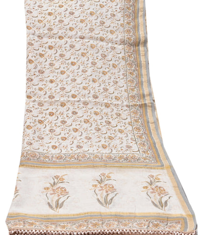 Indian Vintage Dupatta Ivory Long Stole Block Print Pure Chanderi Silk Scarves Veil Zari Wrap Hijab