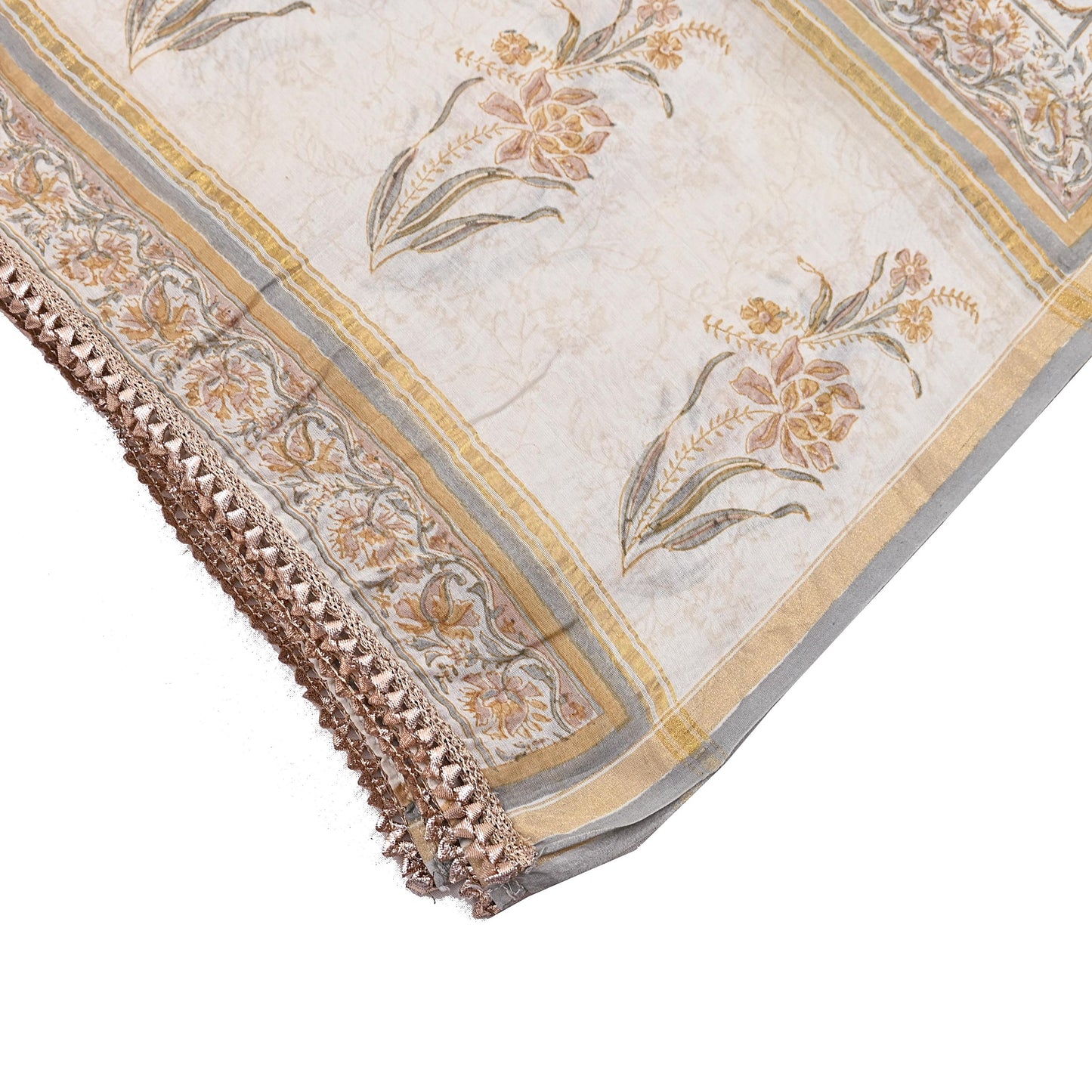 Indian Vintage Dupatta Ivory Long Stole Block Print Pure Chanderi Silk Scarves Veil Zari Wrap Hijab