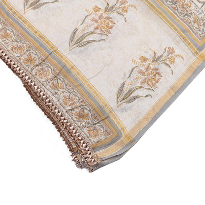 Indian Vintage Dupatta Ivory Long Stole Block Print Pure Chanderi Silk Scarves Veil Zari Wrap Hijab