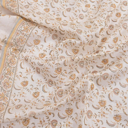 Indian Vintage Dupatta Ivory Long Stole Block Print Pure Chanderi Silk Scarves Veil Zari Wrap Hijab