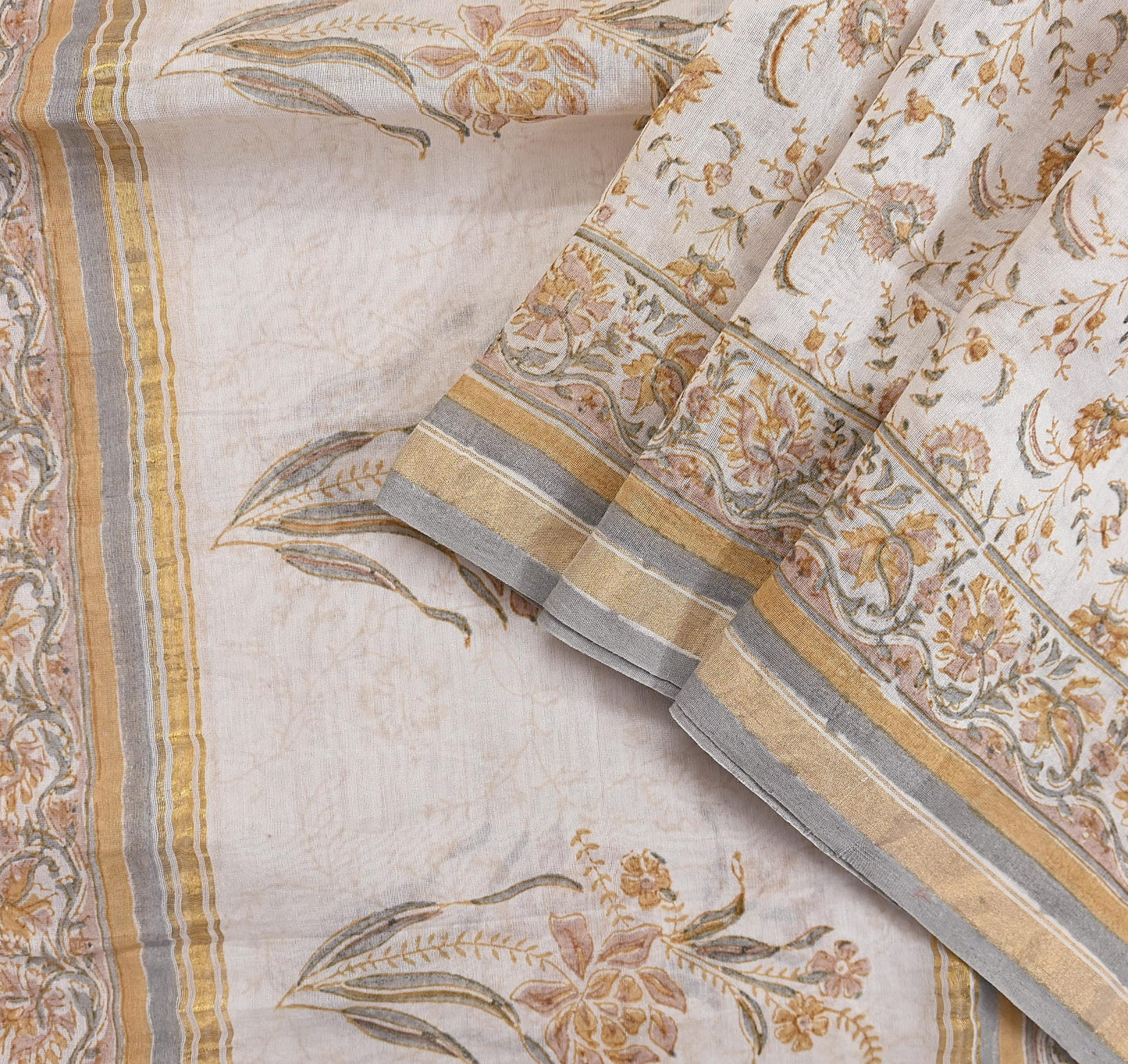 Indian Vintage Dupatta Ivory Long Stole Block Print Pure Chanderi Silk Scarves Veil Zari Wrap Hijab