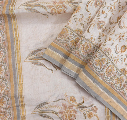 Indian Vintage Dupatta Ivory Long Stole Block Print Pure Chanderi Silk Scarves Veil Zari Wrap Hijab