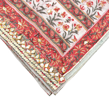 Indian Vintage White & Red Dupatta Long Stole Block Print Pure Cotton Scarves Scarf Veil Wrap Boho Soft Paisley Gota Patti Border