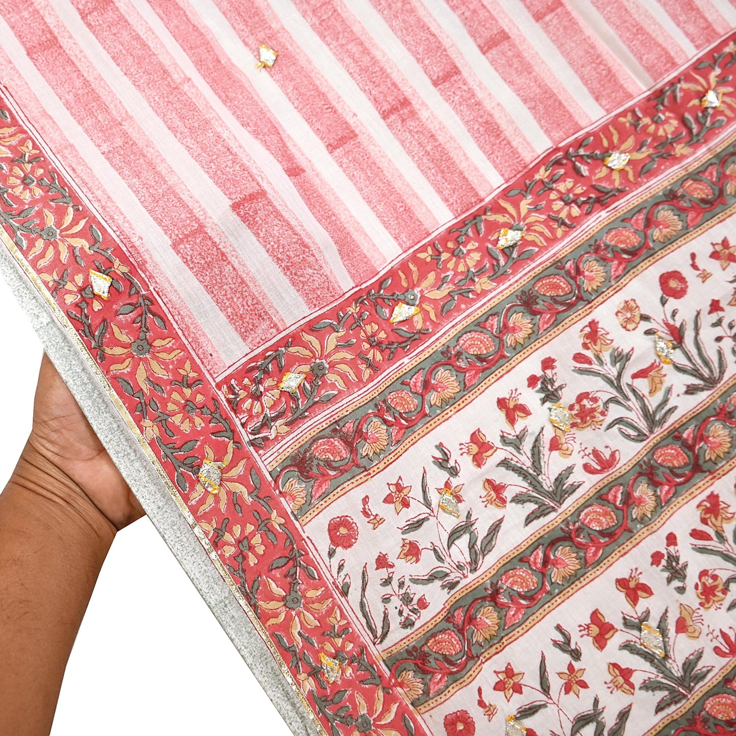 Indian Vintage White & Red Dupatta Long Stole Block Print Pure Cotton Scarves Scarf Veil Wrap Boho Soft Paisley Gota Patti Border