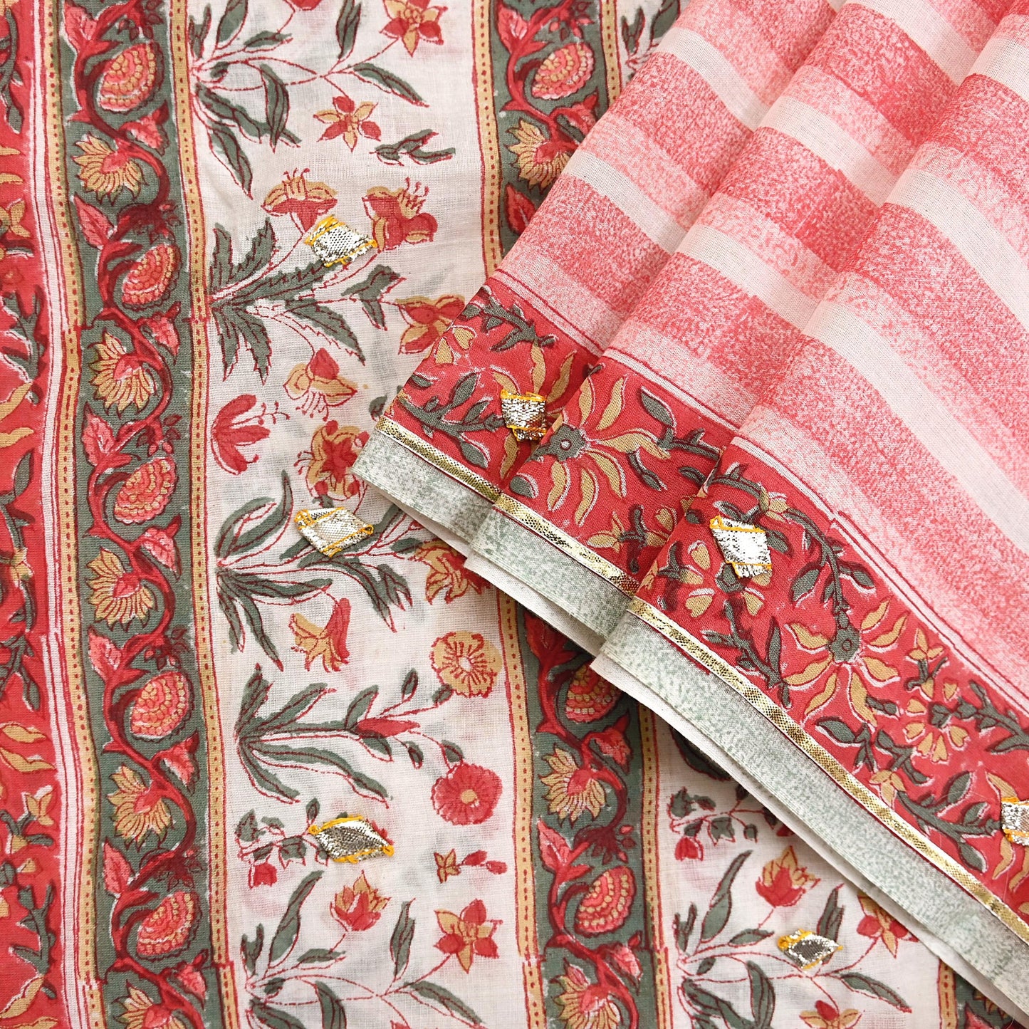 Indian Vintage White & Red Dupatta Long Stole Block Print Pure Cotton Scarves Scarf Veil Wrap Boho Soft Paisley Gota Patti Border