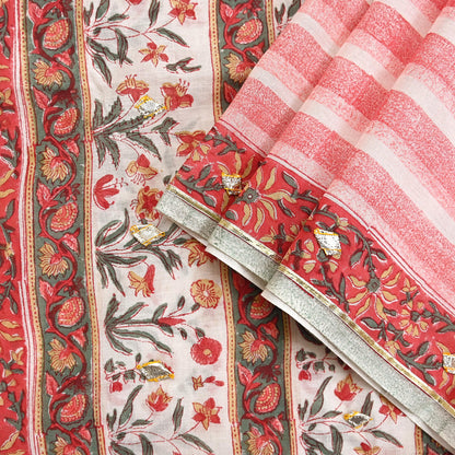 Indian Vintage White & Red Dupatta Long Stole Block Print Pure Cotton Scarves Scarf Veil Wrap Boho Soft Paisley Gota Patti Border