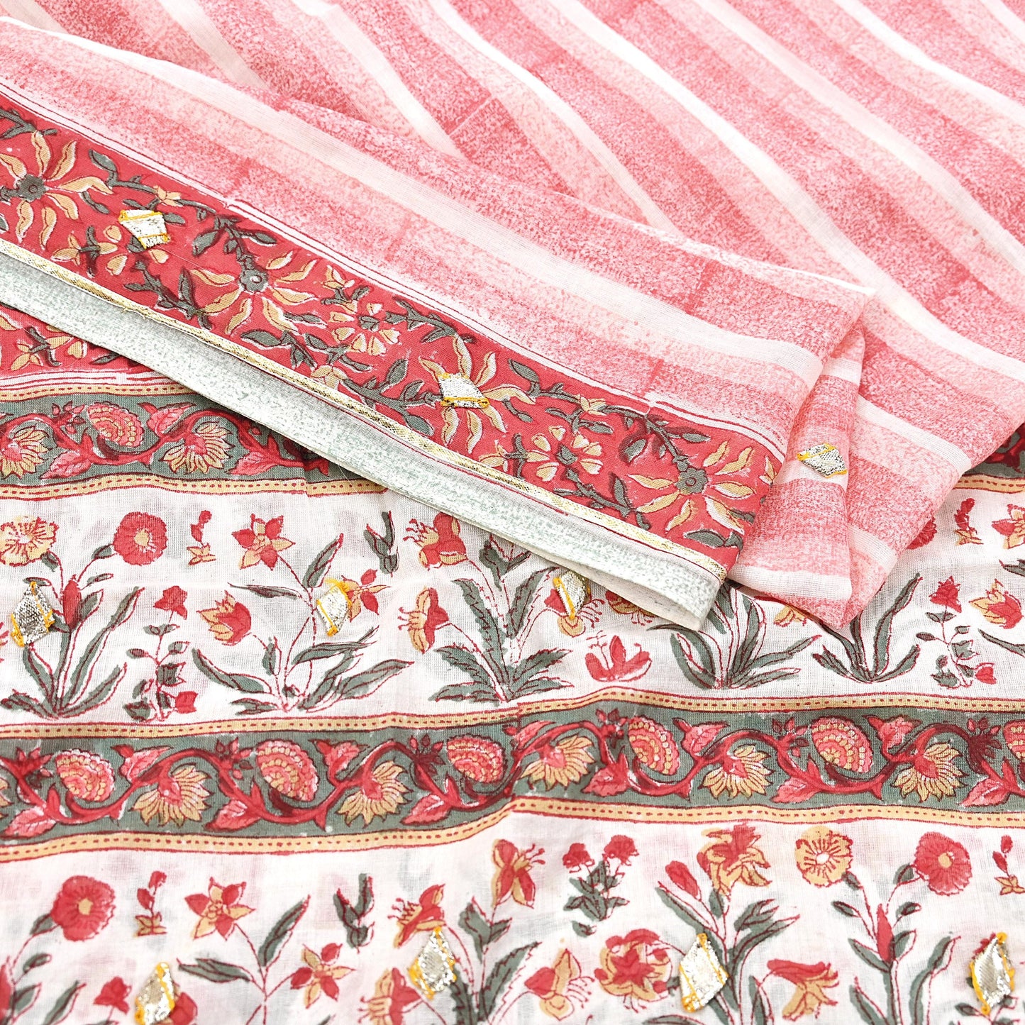 Indian Vintage White & Red Dupatta Long Stole Block Print Pure Cotton Scarves Scarf Veil Wrap Boho Soft Paisley Gota Patti Border