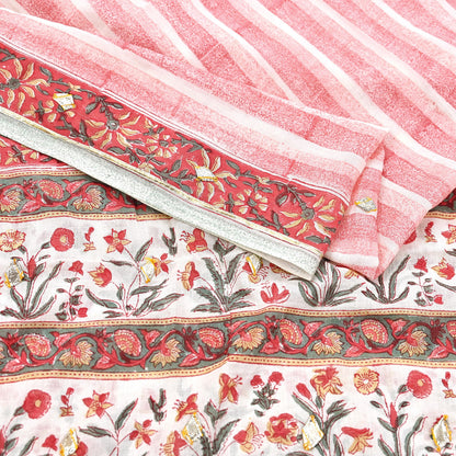 Indian Vintage White & Red Dupatta Long Stole Block Print Pure Cotton Scarves Scarf Veil Wrap Boho Soft Paisley Gota Patti Border