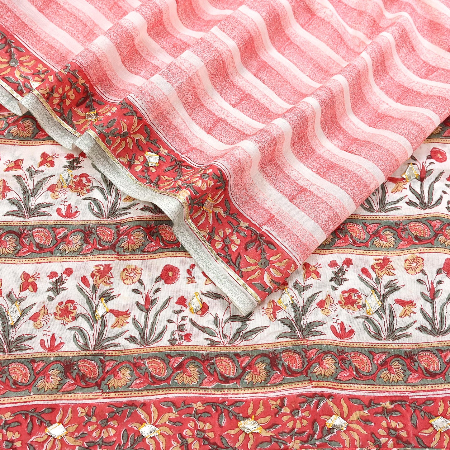 Indian Vintage White & Red Dupatta Long Stole Block Print Pure Cotton Scarves Scarf Veil Wrap Boho Soft Paisley Gota Patti Border