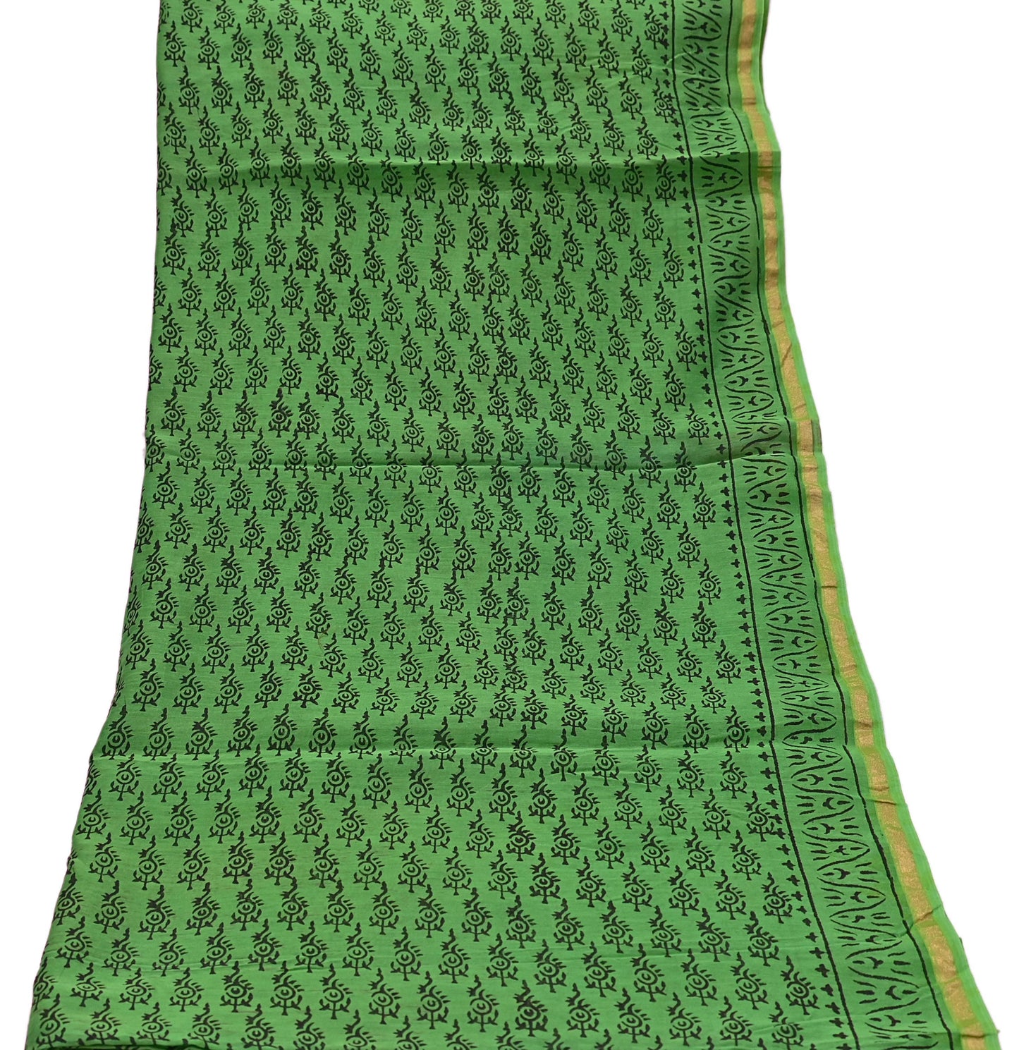 Indian Vintage Dupatta Green Dupatta Long Stole Block Print Pure Chanderi Silk Scarves Veil Golden Zari