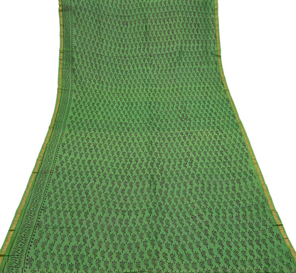 Indian Vintage Dupatta Green Dupatta Long Stole Block Print Pure Chanderi Silk Scarves Veil Golden Zari
