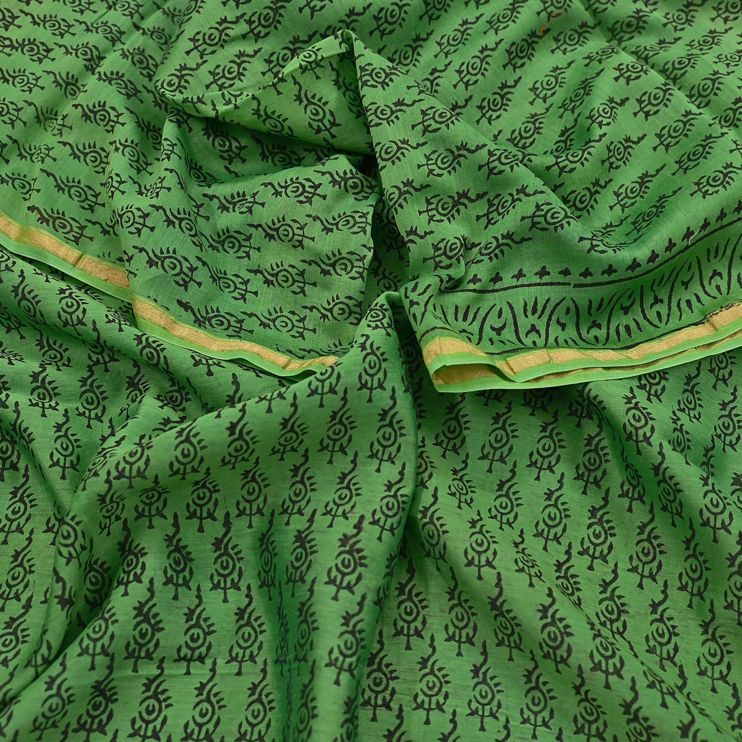 Indian Vintage Dupatta Green Dupatta Long Stole Block Print Pure Chanderi Silk Scarves Veil Golden Zari