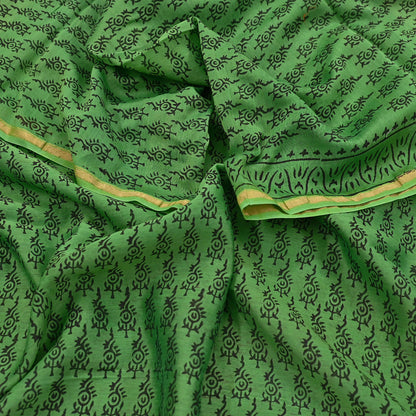 Indian Vintage Dupatta Green Dupatta Long Stole Block Print Pure Chanderi Silk Scarves Veil Golden Zari