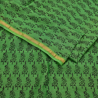 Indian Vintage Dupatta Green Dupatta Long Stole Block Print Pure Chanderi Silk Scarves Veil Golden Zari