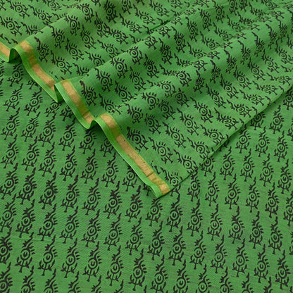 Indian Vintage Dupatta Green Dupatta Long Stole Block Print Pure Chanderi Silk Scarves Veil Golden Zari