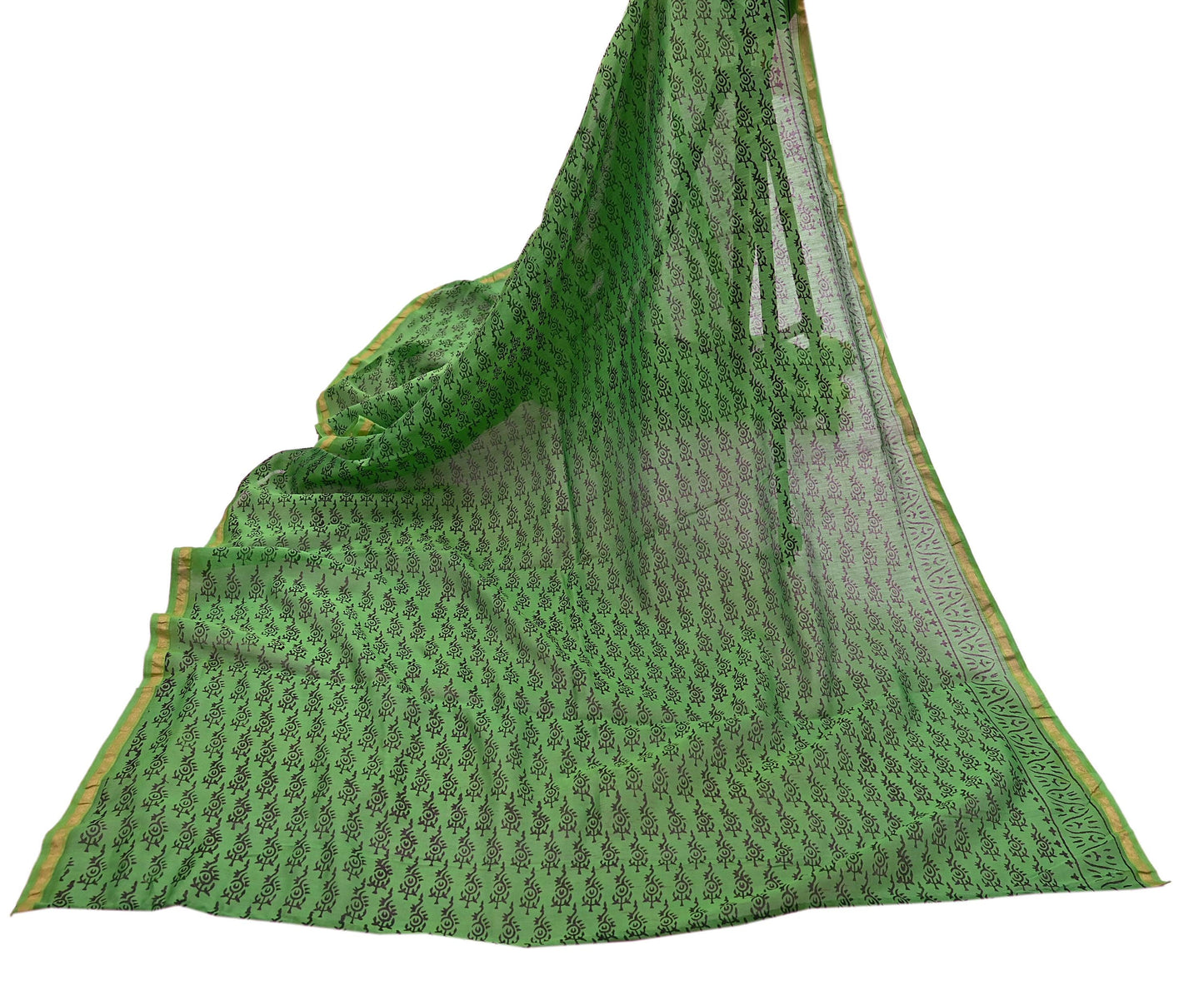Indian Vintage Dupatta Green Dupatta Long Stole Block Print Pure Chanderi Silk Scarves Veil Golden Zari