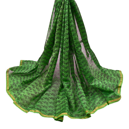 Indian Vintage Dupatta Green Dupatta Long Stole Block Print Pure Chanderi Silk Scarves Veil Golden Zari