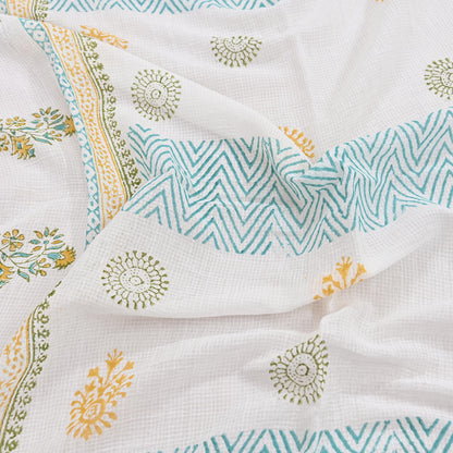 Indian Vintage White Dupatta Long Stole Block Print Pure Cotton Indian Scarves Scarf Veil Wrap Boho Soft Floral
