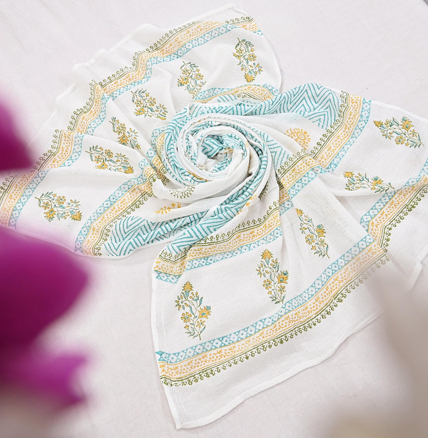 Indian Vintage White Dupatta Long Stole Block Print Pure Cotton Indian Scarves Scarf Veil Wrap Boho Soft Floral