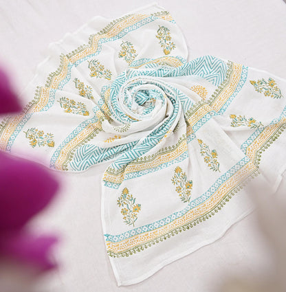 Indian Vintage White Dupatta Long Stole Block Print Pure Cotton Indian Scarves Scarf Veil Wrap Boho Soft Floral