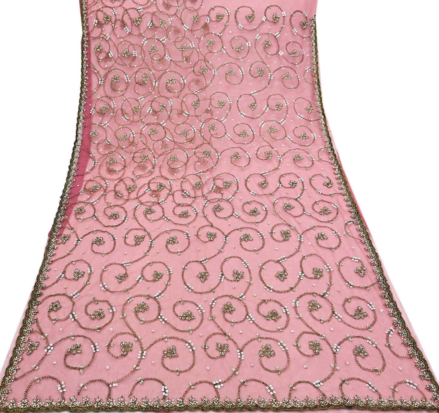 Indian Vintage Heavy Sari Peach Net/Mesh Embroidered Sarees Fabric 6Yd Sewing Soft Floral Craft Fabric Dress making Crafting Bollywood sari