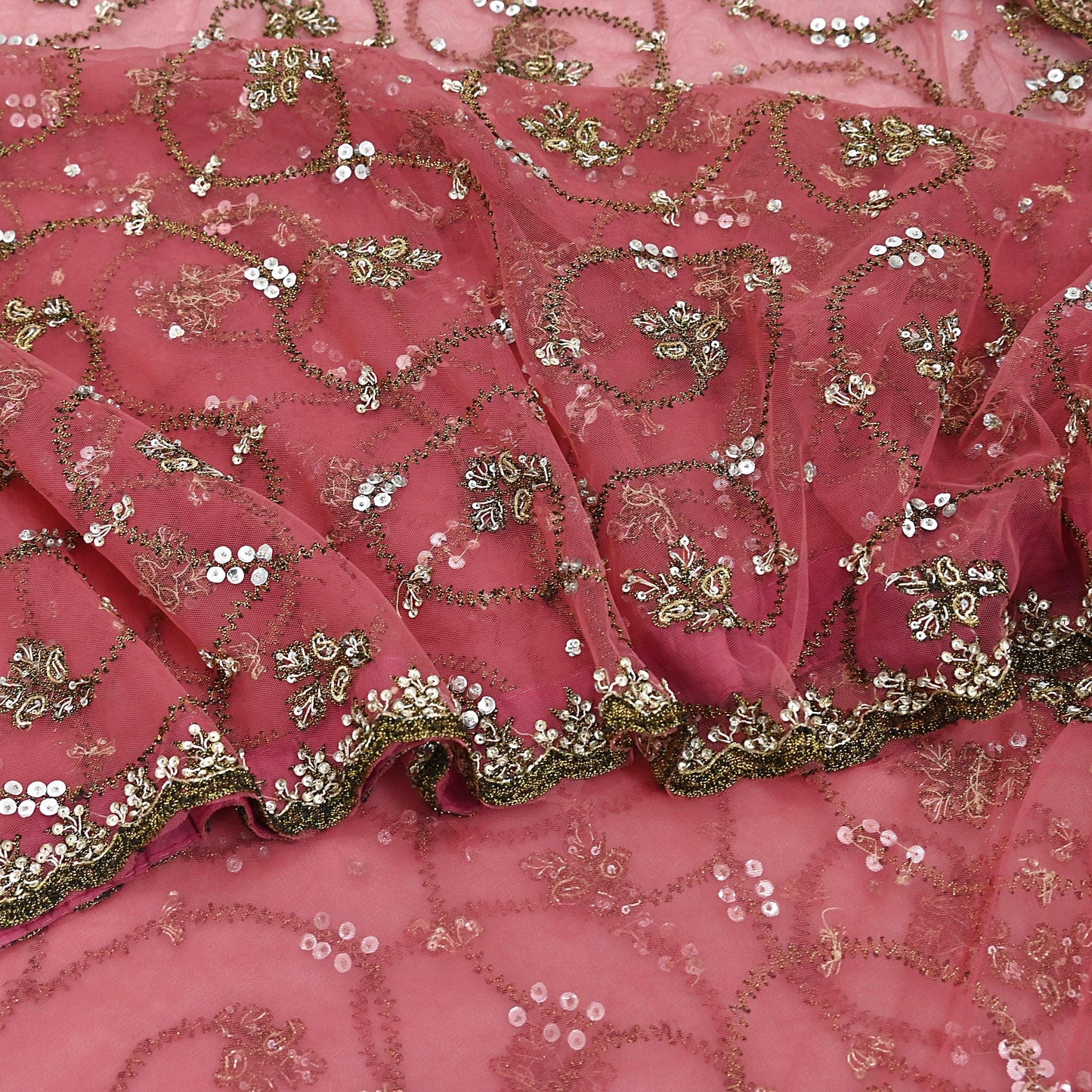 Indian Vintage Heavy Sari Peach Net/Mesh Embroidered Sarees Fabric 6Yd Sewing Soft Floral Craft Fabric Dress making Crafting Bollywood sari