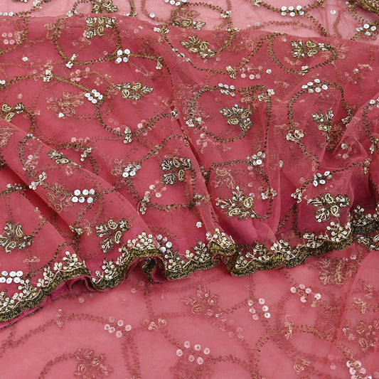 Indian Vintage Heavy Sari Peach Net/Mesh Embroidered Sarees Fabric 6Yd Sewing Soft Floral Craft Fabric Dress making Crafting Bollywood sari