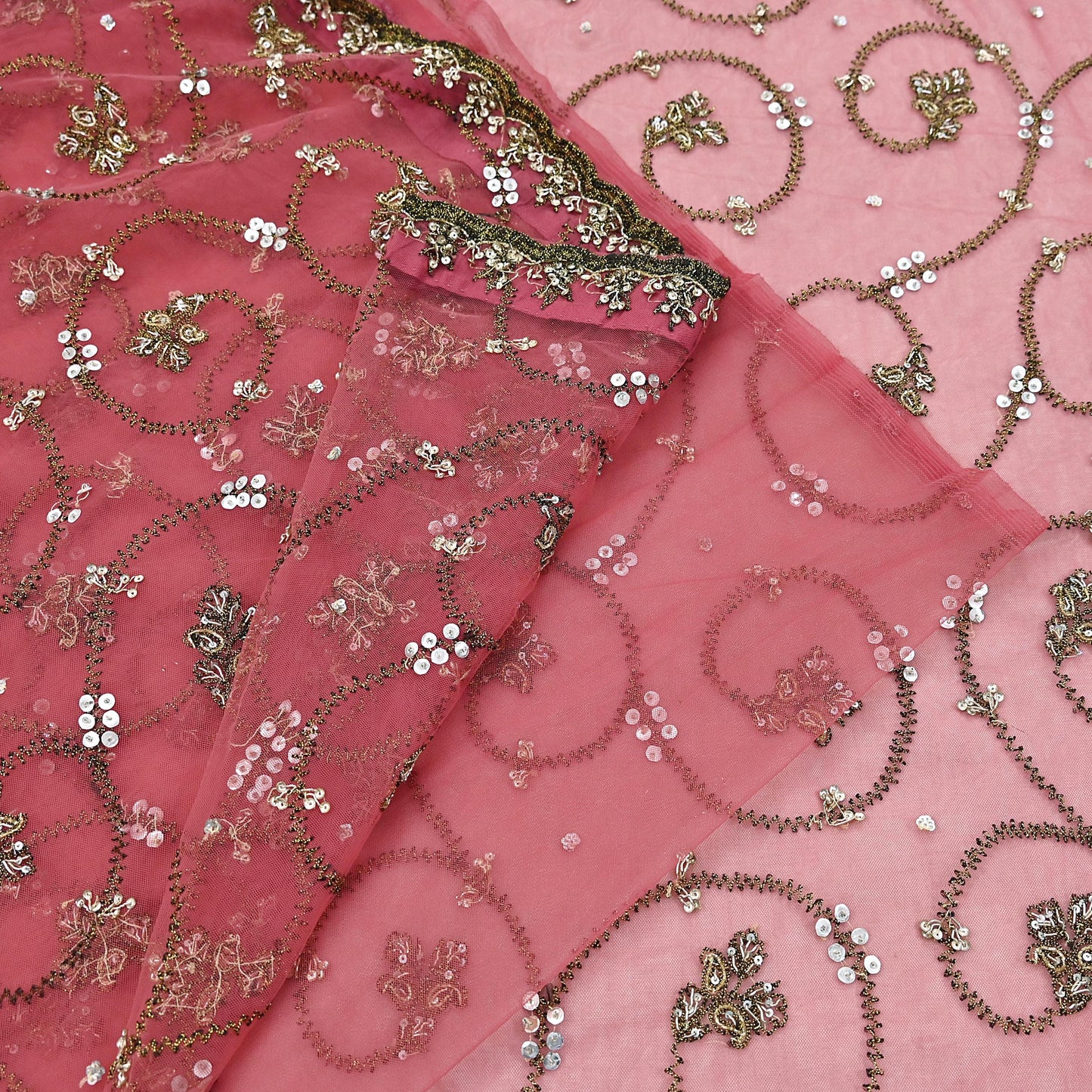Indian Vintage Heavy Sari Peach Net/Mesh Embroidered Sarees Fabric 6Yd Sewing Soft Floral Craft Fabric Dress making Crafting Bollywood sari
