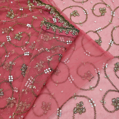 Indian Vintage Heavy Sari Peach Net/Mesh Embroidered Sarees Fabric 6Yd Sewing Soft Floral Craft Fabric Dress making Crafting Bollywood sari