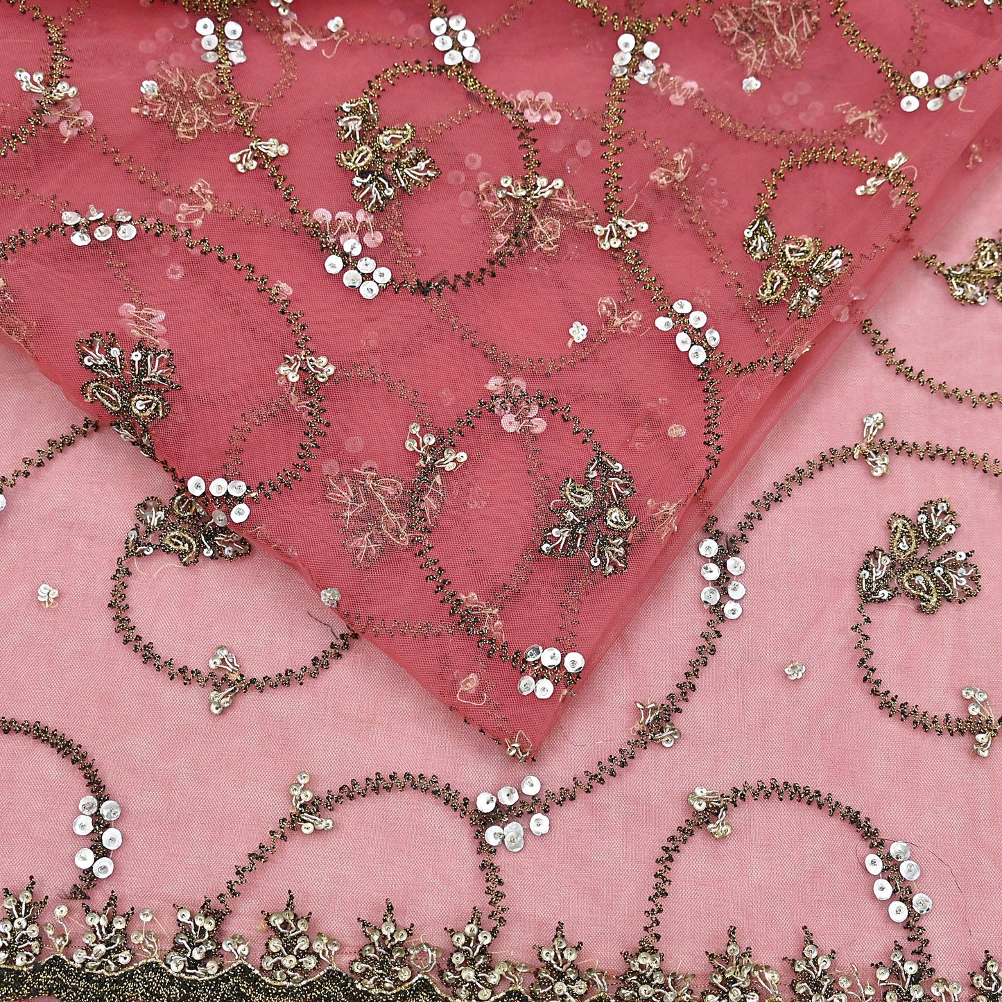 Indian Vintage Heavy Sari Peach Net/Mesh Embroidered Sarees Fabric 6Yd Sewing Soft Floral Craft Fabric Dress making Crafting Bollywood sari