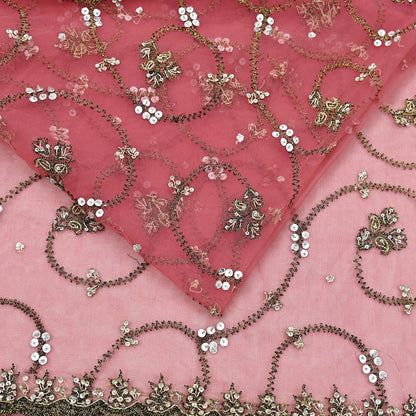 Indian Vintage Heavy Sari Peach Net/Mesh Embroidered Sarees Fabric 6Yd Sewing Soft Floral Craft Fabric Dress making Crafting Bollywood sari