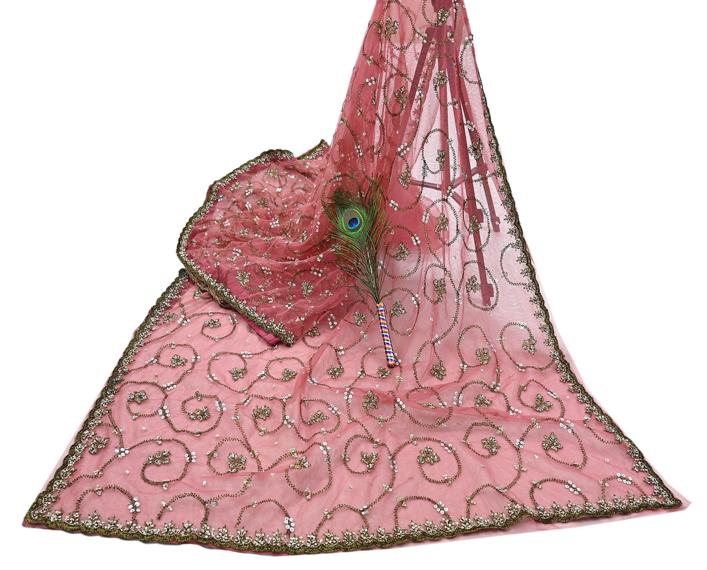 Indian Vintage Heavy Sari Peach Net/Mesh Embroidered Sarees Fabric 6Yd Sewing Soft Floral Craft Fabric Dress making Crafting Bollywood sari