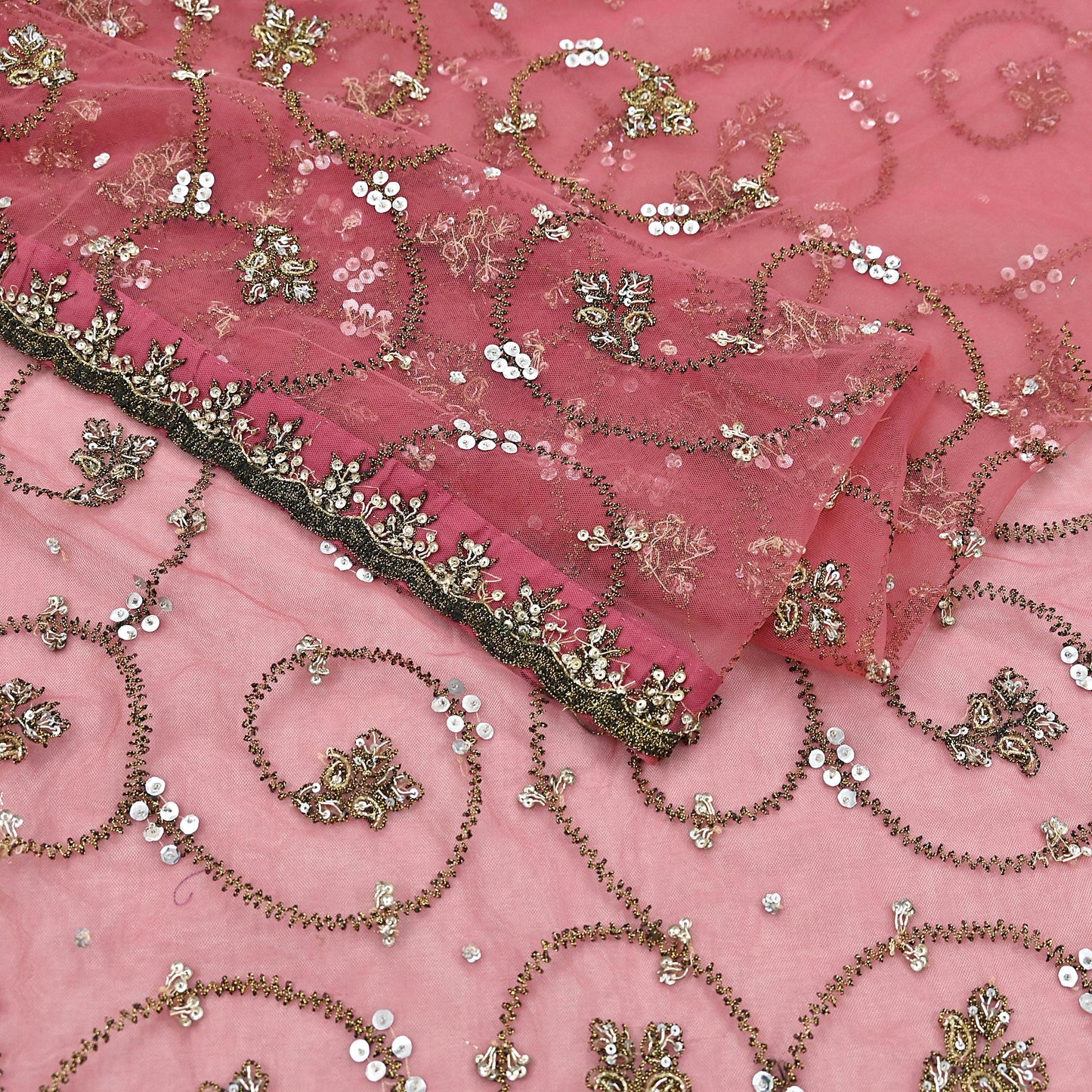 Indian Vintage Heavy Sari Peach Net/Mesh Embroidered Sarees Fabric 6Yd Sewing Soft Floral Craft Fabric Dress making Crafting Bollywood sari