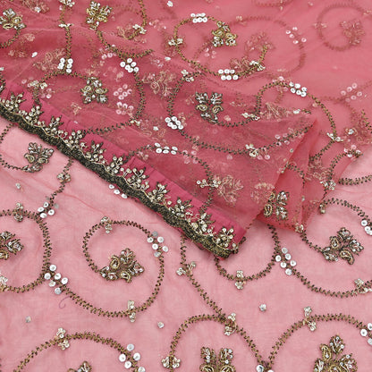 Indian Vintage Heavy Sari Peach Net/Mesh Embroidered Sarees Fabric 6Yd Sewing Soft Floral Craft Fabric Dress making Crafting Bollywood sari