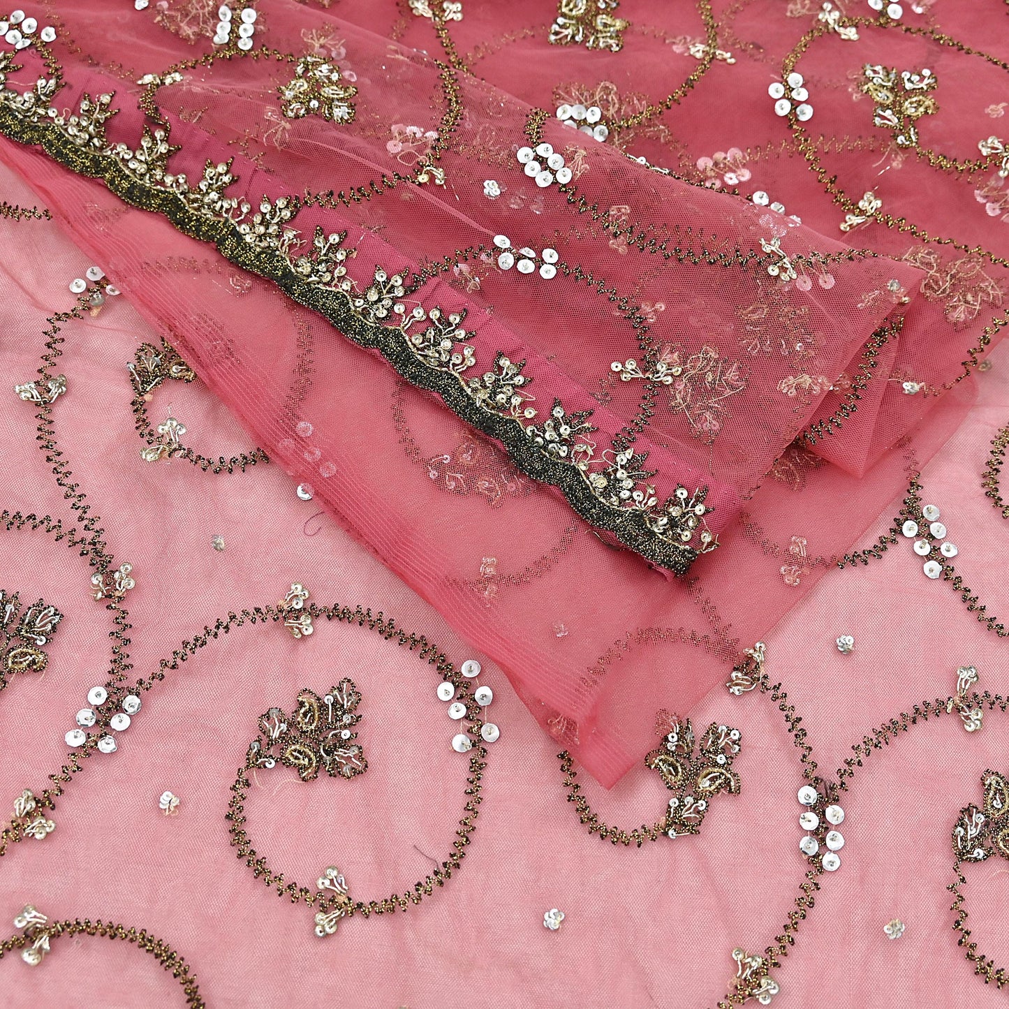 Indian Vintage Heavy Sari Peach Net/Mesh Embroidered Sarees Fabric 6Yd Sewing Soft Floral Craft Fabric Dress making Crafting Bollywood sari