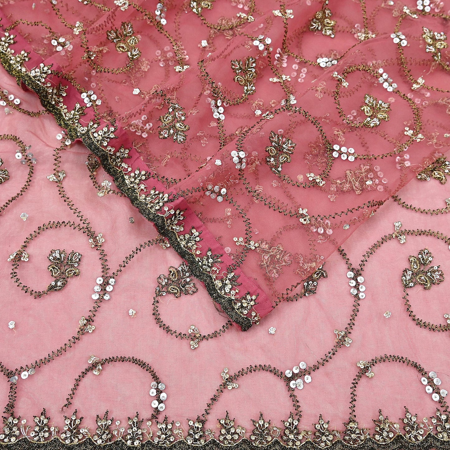 Indian Vintage Heavy Sari Peach Net/Mesh Embroidered Sarees Fabric 6Yd Sewing Soft Floral Craft Fabric Dress making Crafting Bollywood sari