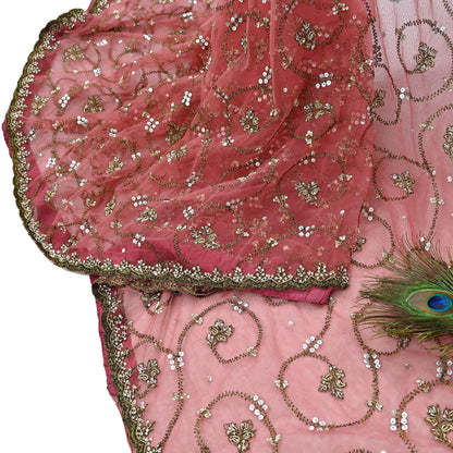 Indian Vintage Heavy Sari Peach Net/Mesh Embroidered Sarees Fabric 6Yd Sewing Soft Floral Craft Fabric Dress making Crafting Bollywood sari