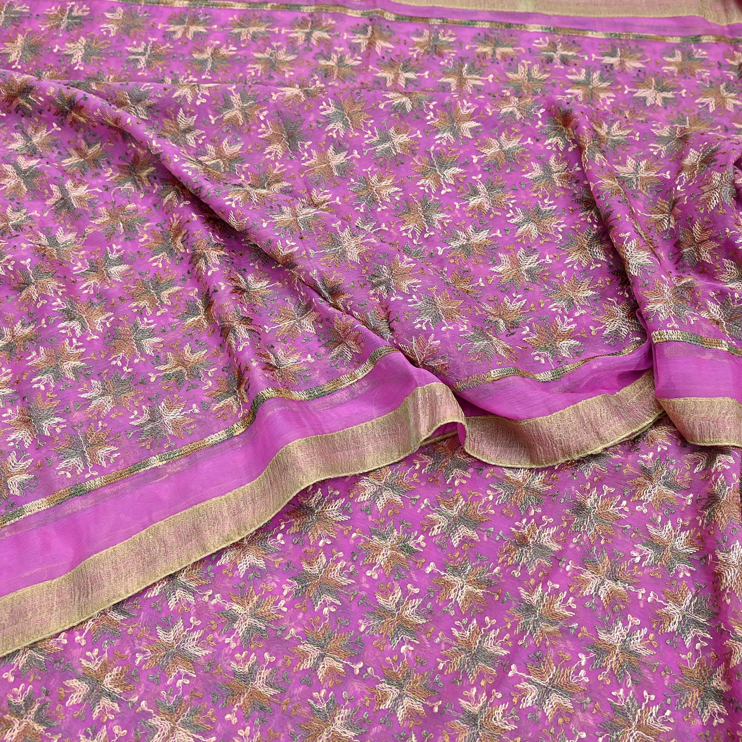 Indian Vintage Pink Sarees Chiffon Embroidered Bagh Phulkari Sari Craft Fabric 5Yard Dress Making Sewing Quilting Crafting Upcycle