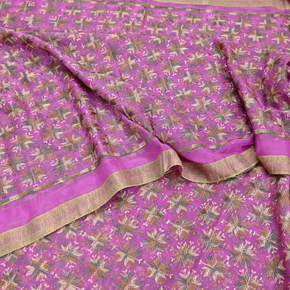 Indian Vintage Pink Sarees Chiffon Embroidered Bagh Phulkari Sari Craft Fabric 5Yard Dress Making Sewing Quilting Crafting Upcycle