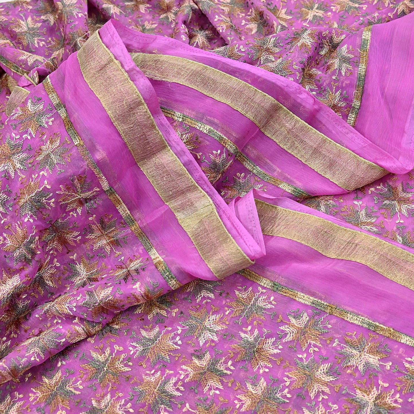 Indian Vintage Pink Sarees Chiffon Embroidered Bagh Phulkari Sari Craft Fabric 5Yard Dress Making Sewing Quilting Crafting Upcycle