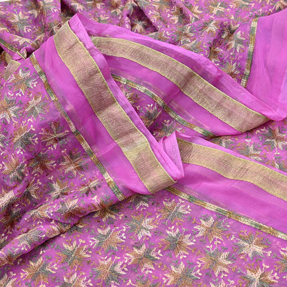 Indian Vintage Pink Sarees Chiffon Embroidered Bagh Phulkari Sari Craft Fabric 5Yard Dress Making Sewing Quilting Crafting Upcycle