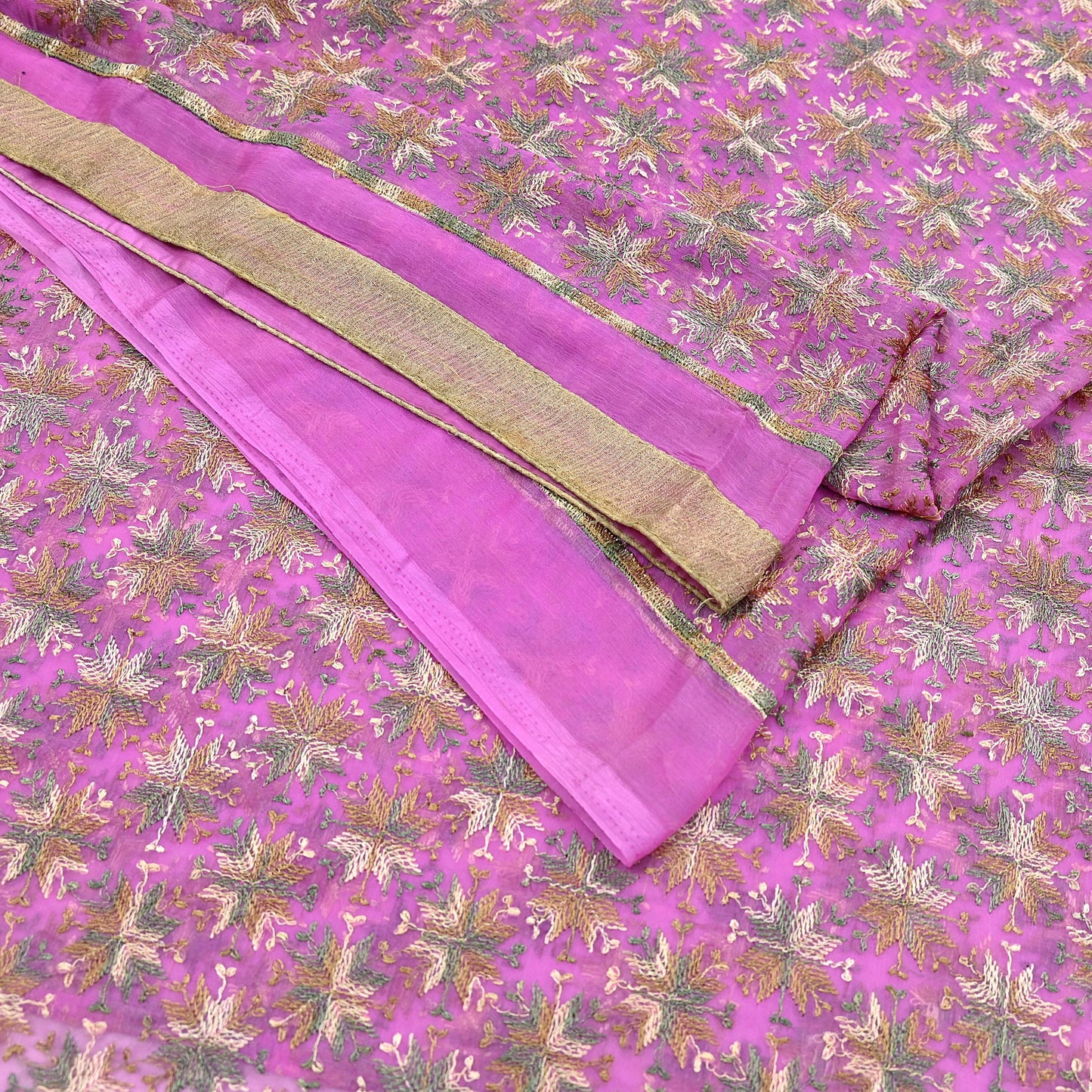 Indian Vintage Pink Sarees Chiffon Embroidered Bagh Phulkari Sari Craft Fabric 5Yard Dress Making Sewing Quilting Crafting Upcycle