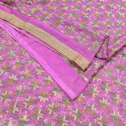 Indian Vintage Pink Sarees Chiffon Embroidered Bagh Phulkari Sari Craft Fabric 5Yard Dress Making Sewing Quilting Crafting Upcycle