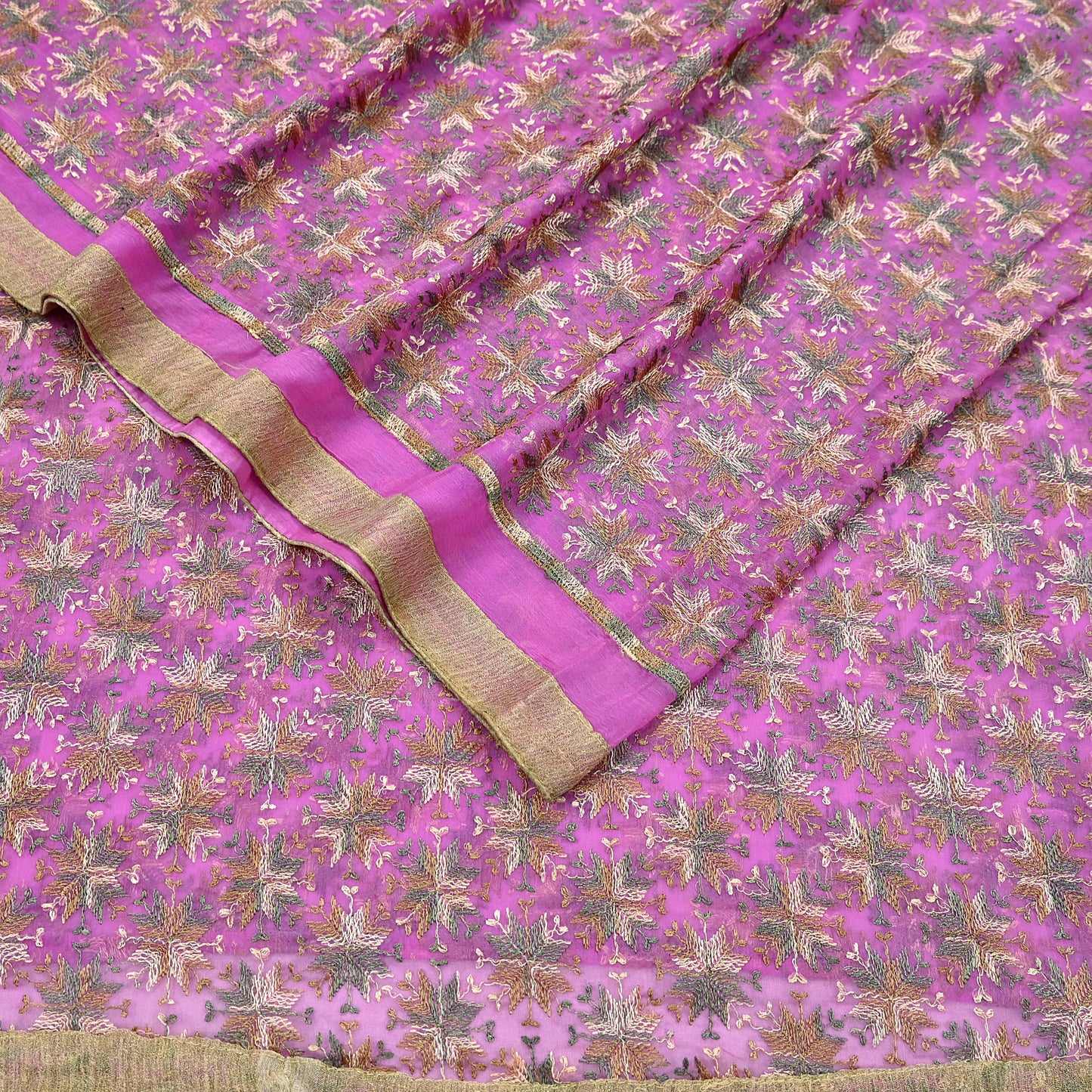 Indian Vintage Pink Sarees Chiffon Embroidered Bagh Phulkari Sari Craft Fabric 5Yard Dress Making Sewing Quilting Crafting Upcycle